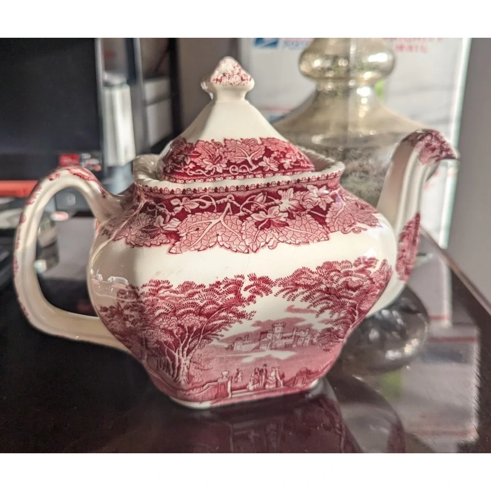 Mason's Vista Pink Red Transfer Teapot & Lid England Vintage $250.00